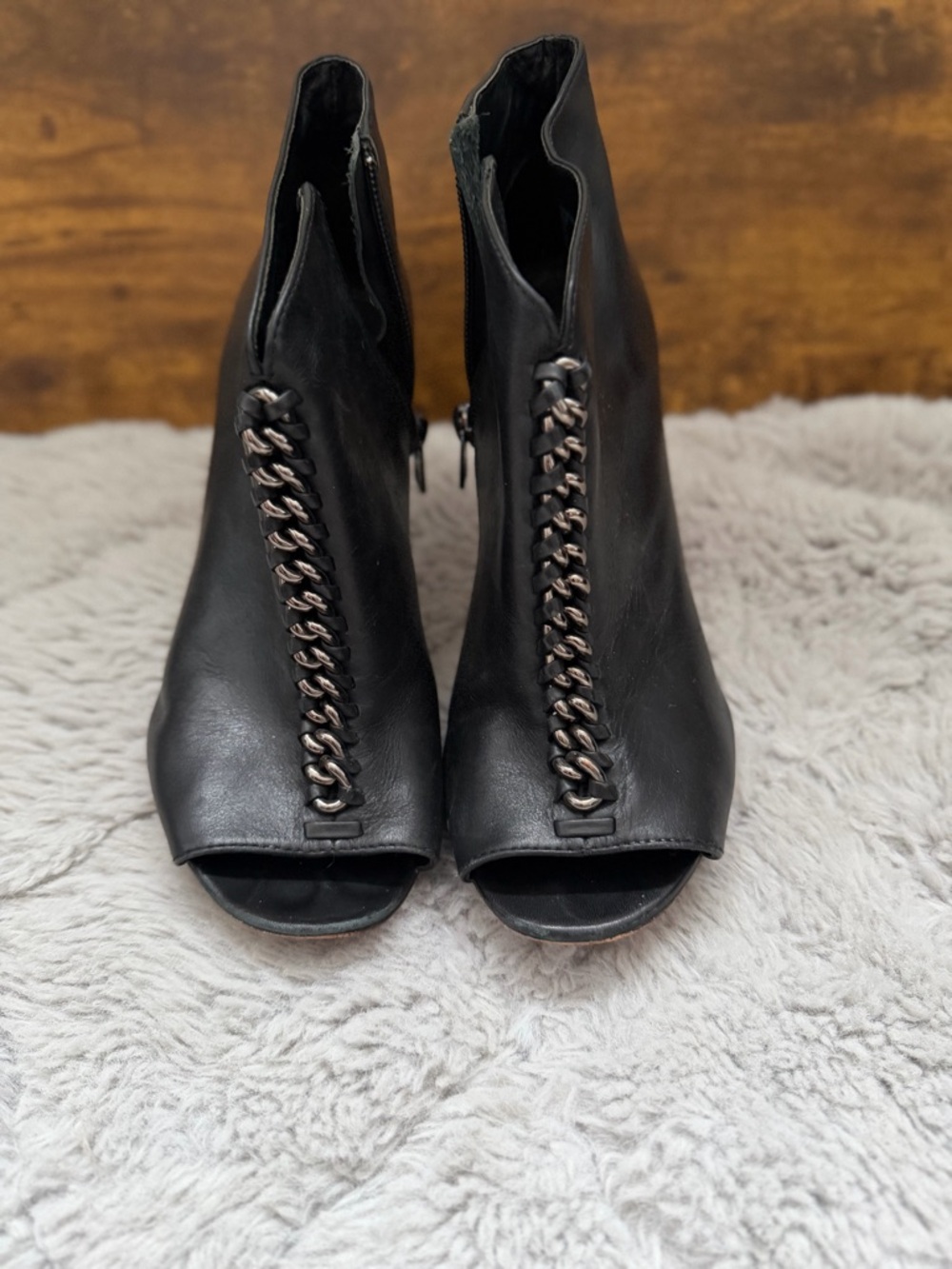 Coach Black Leather Peep Toe Ankle Booties Heels Size 8.5B